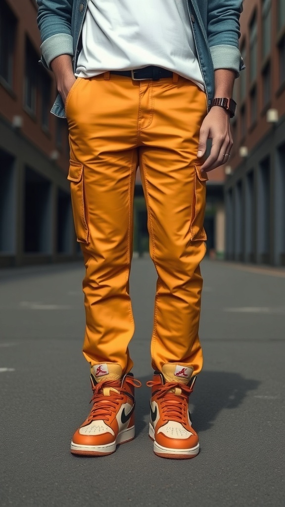 Air Jordan 1 High Element Gore-Tex Light Curry styled with cargo pants and a denim jacket in an urban setting.